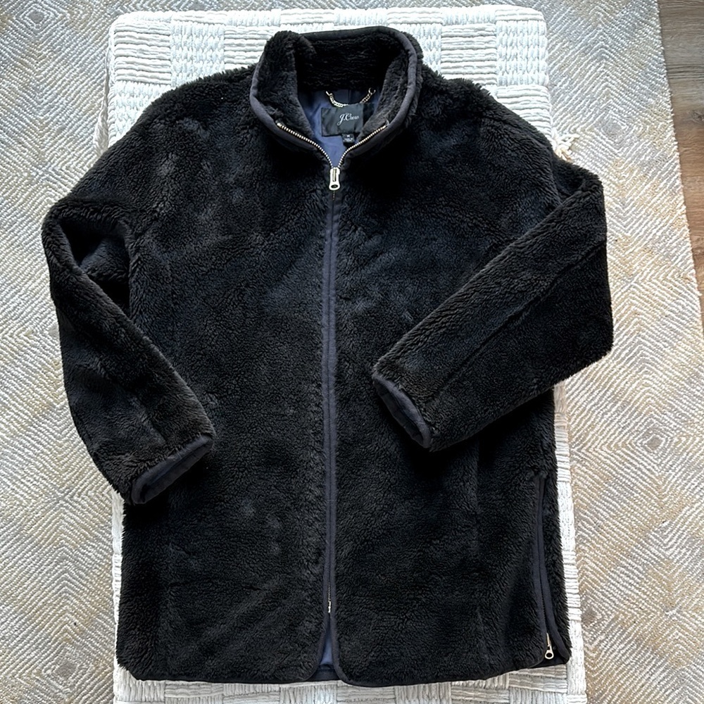 J. Crew Black Fleece faux fur Long tunic coat - Picture 3 of 13